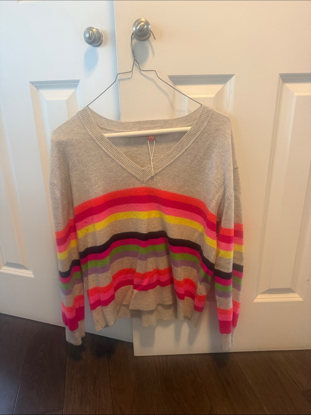 Vilagallo Gray V-Neck Sweater with Bright Rainbow Stripes